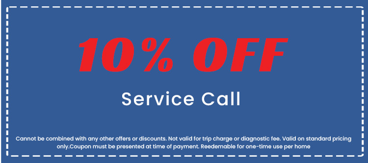 10% off service call coupon from Perry Electric, featuring bold red text on blue background, with terms and conditions for use.
